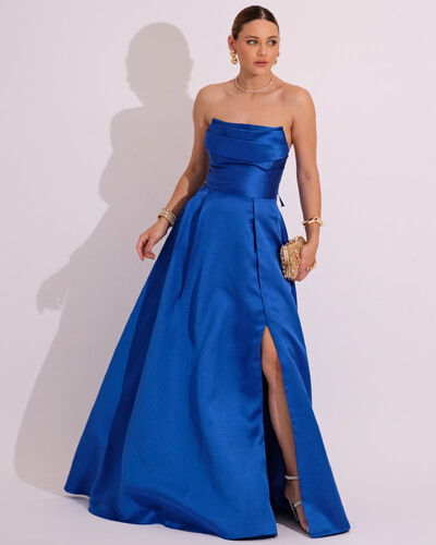 Foto Vestido de Festa Longo Tomara que Caia Trançado Costa em Zibeline Azul Royal