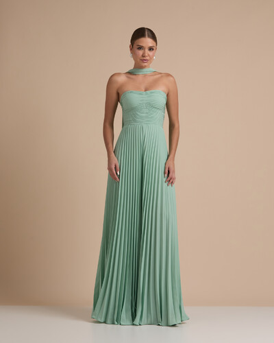 Foto Macacão de Festa Longo Crepe Chiffon Tomara que Caia Plissado com Lenço Verde Menta