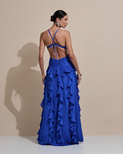 Foto Vestido de Festa Longo Decote V Recortes Drapeado Crepe Chiffon Babados Cascata Azul Royal