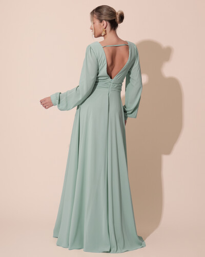 FotoVestido de Festa Manga Longa com Cintura Drapeada Decote Verde Menta