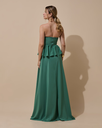 Foto Vestido de Festa Longo Crepe Chiffon Tomara que Caia Peplum Drapeado Verde Matcha Escuro