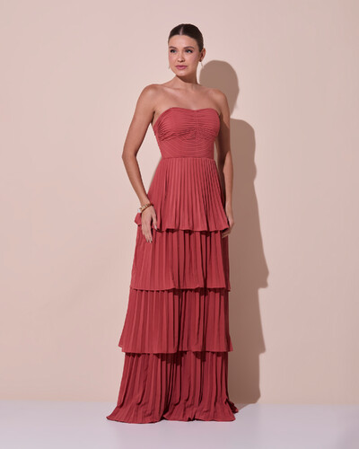 Foto Vestido de Festa Longo Tomara que Caia Crepe Chiffon Plissado Camadas Terracota