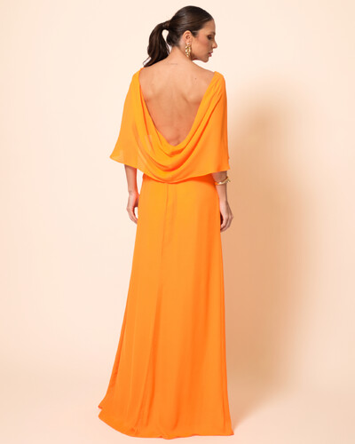 FotoVestido de Festa Longo Crepe Chiffon com Capa e Degagê nas Costas Laranja
