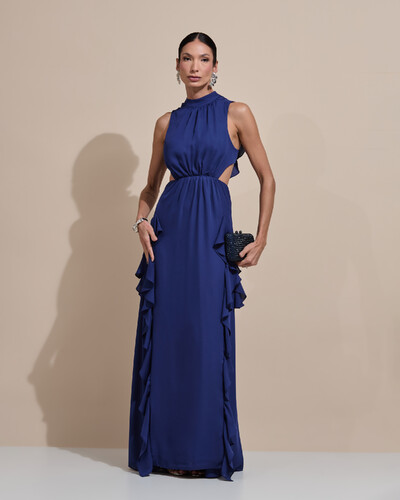 Foto Vestido de Festa Longo Gola Alta Crepe Chiffon Recortes Babados Cascata Azul Marinho