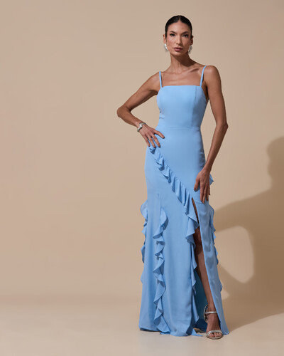 Foto Vestido de Festa Longo Alças Finas Crepe Chiffon Babado Cascata Fenda Costas V Azul Serenity