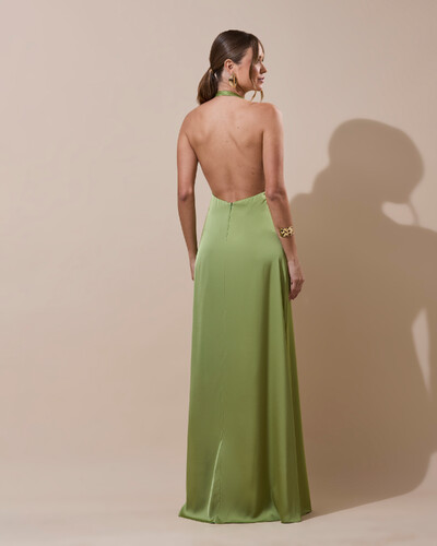 Foto Vestido de Festa Longo Frente Única Degagê Cetim Fluido Verde Pistache