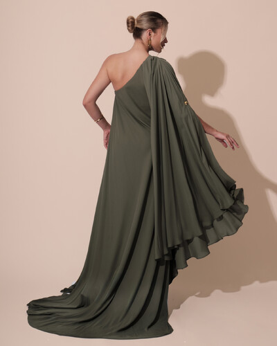 FotoVestido de Festa um Ombro com Capa Crepe Fluido Verde Oliva