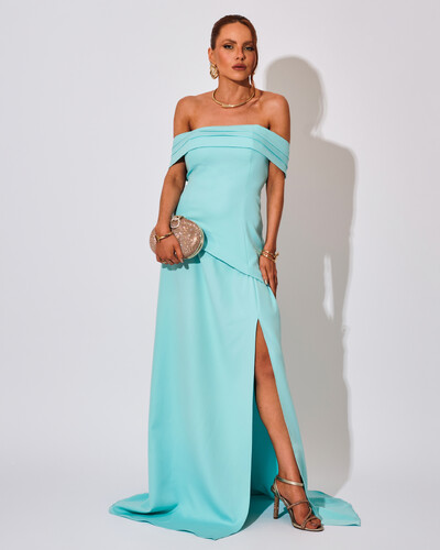 Foto Vestido de Festa Longo Alfaiataria Ombro a Ombro Drapeado com Fenda Tiffany