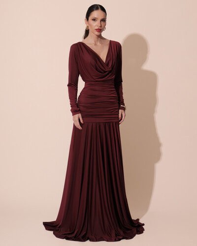 Foto Vestido de Festa Longo Malha Degagê Drapeado Manga Longa Marsala Escuro