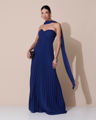 Foto Vestido de Festa Longo Tomara que Caia Plissado com Lenço Azul Marinho