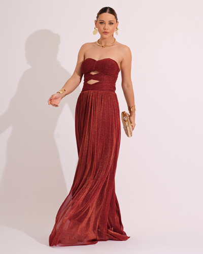 Foto Vestido de Festa Longo Tule Brilho Tomara que Caia Recortes Marsala