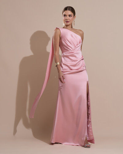 Foto Vestido de Festa Longo Cetim Alfaiataria Um Ombro Só Drapeado com Lenço Rose Gold