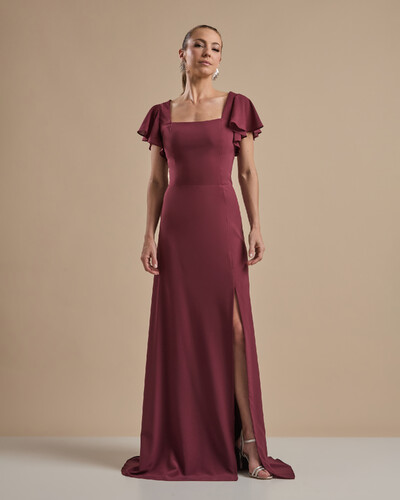 Foto Vestido de Festa Longo Crepe Chiffon Manga Babado e Fenda Marsala