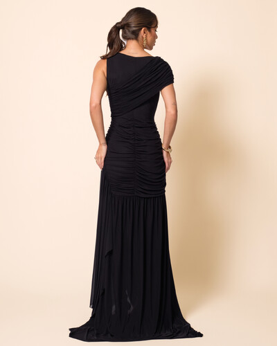 FotoVestido de Festa Longo Tule Faixa Detalhe Drapeado Preto