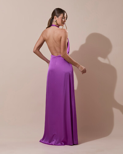 Foto Vestido de Festa Longo Frente Única Degagê Cetim Fluido Fúcsia