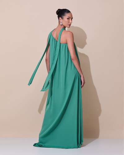 Foto Vestido de Festa Longo Crepe Fluido um Ombro Só com Lenço Verde Matcha Escuro