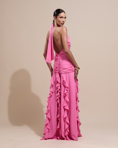 Foto Vestido de Festa Longo Frente Única Crepe Chiffon Drapeado Babados Cascata Rosa