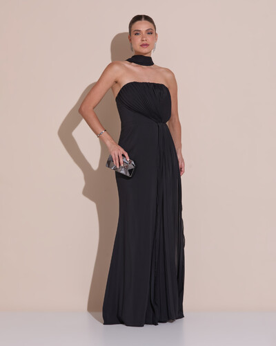 Foto Vestido de Festa Longo Tomara Que Caia Crepe Chiffon Plissado Lenço Preto