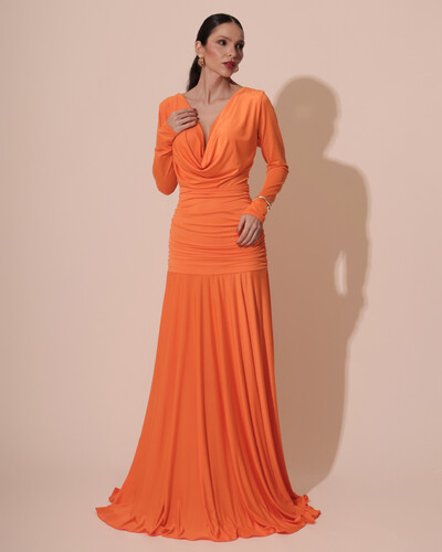 Foto Vestido de Festa Longo Malha Degagê Drapeado Manga Longa Laranja