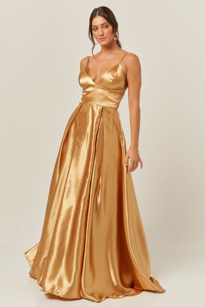 Vestido Longo Acetinado Dourado