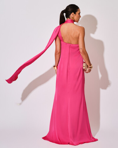 FotoVestido de Festa Longo Cetim Fluido Um Ombro Só Lenço Fixo Pink