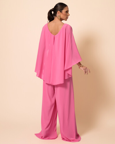 FotoMacacão de Festa Longo Crepe Chiffon com Capa Rosa