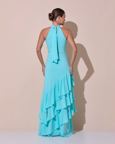 Foto Vestido de Festa Longo Chiffon Crepe Gola Alta Babados Tiffany