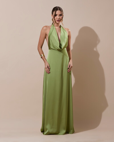 Foto Vestido de Festa Longo Frente Única Degagê Cetim Fluido Verde Pistache