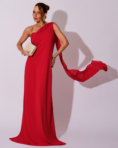 Foto Vestido de Festa Longo Crepe Chiffon Um Ombro Só Drapeado Vermelho