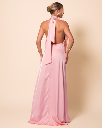 FotoVestido de Festa Longo Cetim Fluido Frente Única Degagê Mil Formas Rose Gold