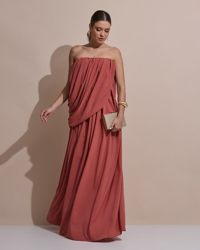 Foto Vestido de Festa Longo Tomara Que Caia Crepe Chiffon Drapeado Terracota