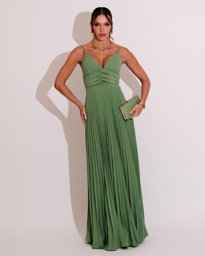 Foto Vestido de Festa Longo Plissado Crepe Chiffon com Alça Verde Claro
