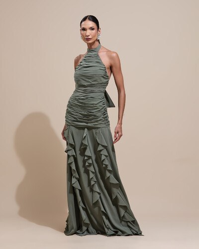 Foto Vestido de Festa Longo Frente Única Crepe Chiffon Drapeado Babados Cascata Verde Oliva