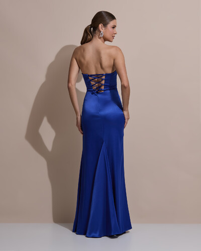 Foto Vestido De Festa Longo Tomara Que Caia Drapeado Cetim Alfaiataria Trançado Costas Azul Royal