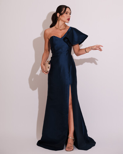 Foto Vestido de Festa Longo um Ombro Tomara que Caia Zibeline Azul Marinho