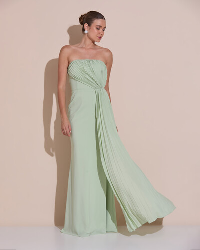 Foto Vestido de Festa Longo Tomara Que Caia Crepe Chiffon Plissado Lenço Verde Menta New