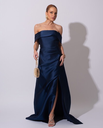 Foto Vestido de Festa Longo Zibeline Ombro a Ombro Drapeado e Fenda Azul Marinho