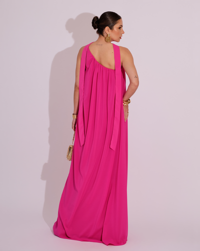 FotoVestido de Festa Longo Crepe Fluido um Ombro Só com Lenço Pink