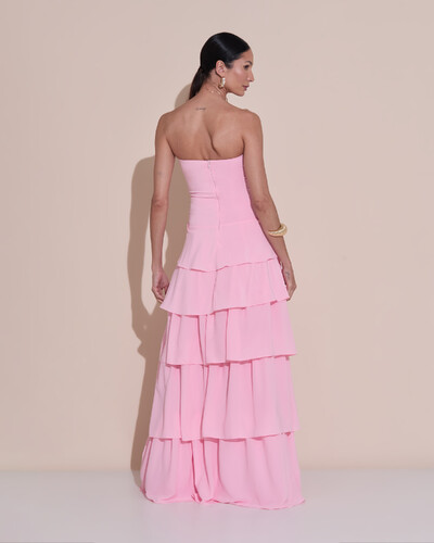 Foto Vestido de Festa Longo Tomara que Caia Drapeado Crepe Chiffon Babados Camadas Rosa Claro