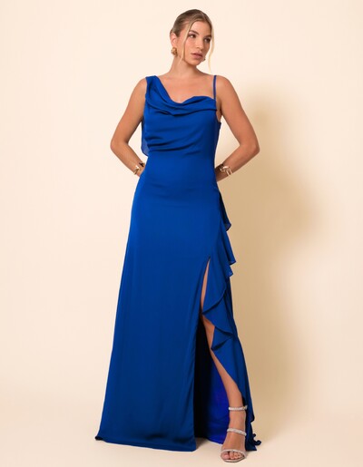 Foto Vestido de Festa Longo Crepe Chiffon Degagê com Fenda e Babado Cascata Azul Royal