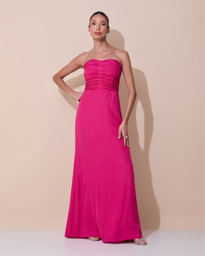 Foto Vestido de Festa Longo Ombro a Ombro Plissado Crepe Chiffon Capa Flor 3D Pink Escuro