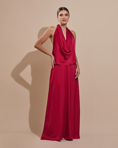 Foto Vestido de Festa Longo Cetim Fluido Frente Única Degagê Mil Formas Marsala