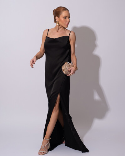 Foto Vestido de Festa Longo Babado Costas Cetim Fluido e Fenda Preto