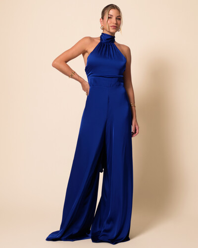 Foto Macacão de Festa Longo em Cetim Fluido com Gola Alta e Lenço Azul Royal New