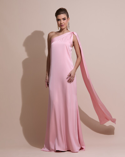 Foto Vestido de Festa Longo Cetim Fluido Um Ombro Só Rose Gold