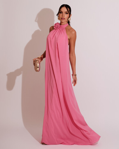 Foto Vestido Longo Crepe Chiffon Frente Única Fluido Flor Removível Rosa