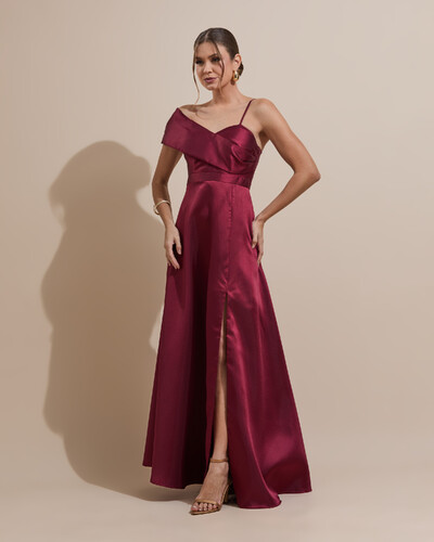 Foto Vestido de Festa longo Faixa Ombro e Fenda Zibeline Marsala Escuro