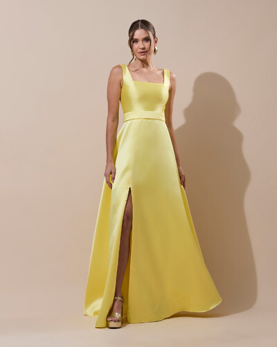 Foto Vestido de Festa Longo Zibeline com Fenda e Faixa Amarelo Manteiga