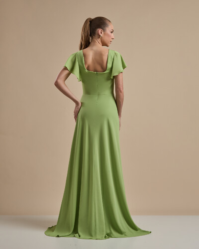 FotoVestido de Festa Longo Crepe Chiffon Manga Babado e Fenda Verde Garden