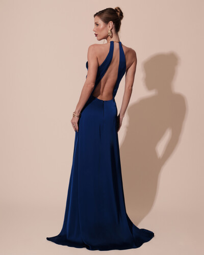 FotoVestido de Festa Longo Cetim Fluido com Argola Frente Única Azul Royal New